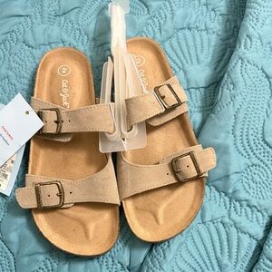 Cat & Jack Tan Suede Double Buckle Slide Sandals